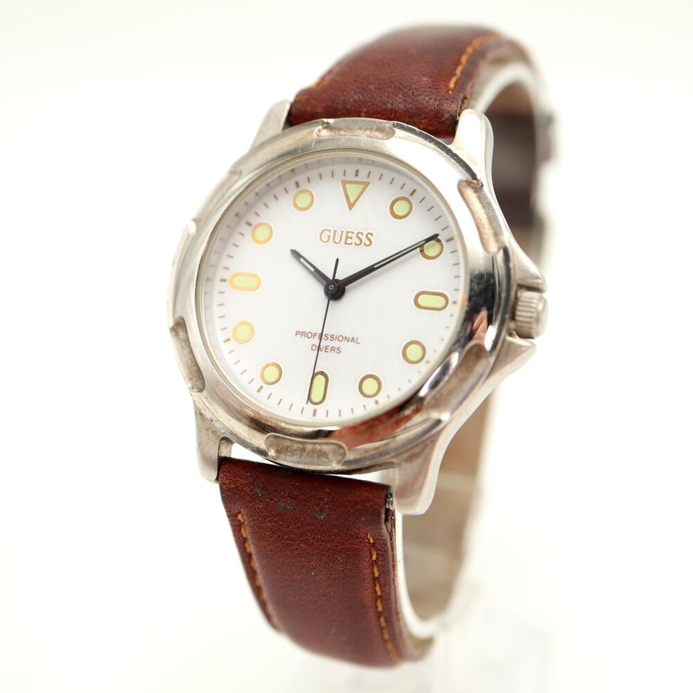 Vintage 1992 Guess Pro Diver 35mm Glitter Dial Watch Brown Leather w New Battery